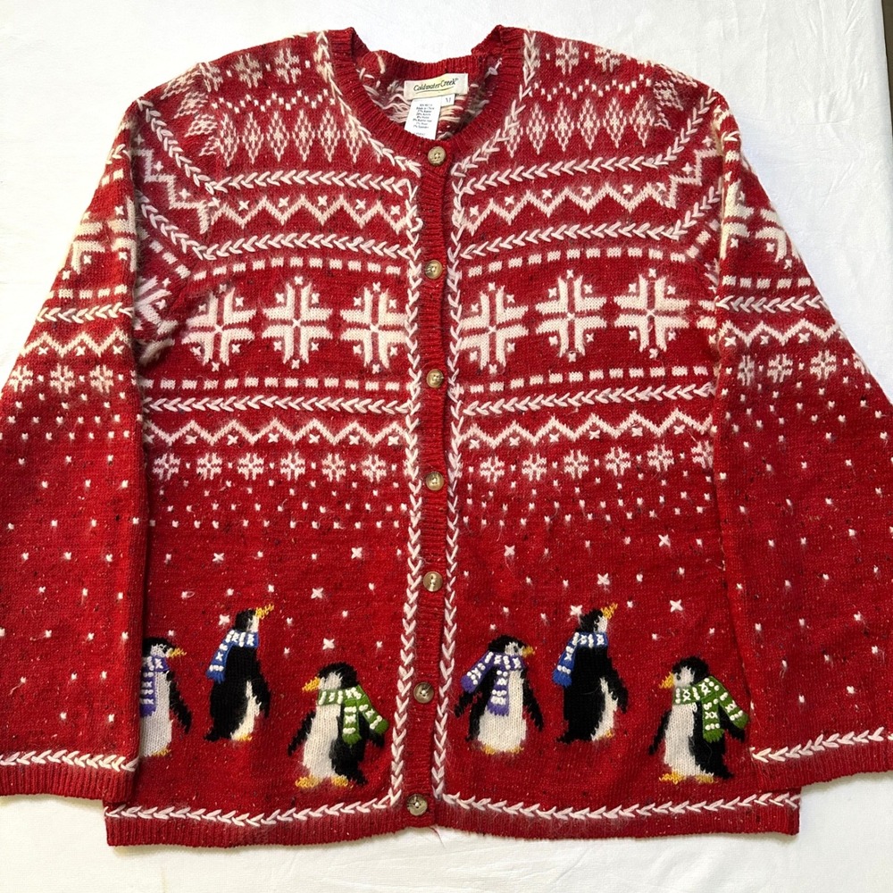 Coldwater Creek Penguin Fair Isle Cardigan M Red Winter Holiday Cottagecore